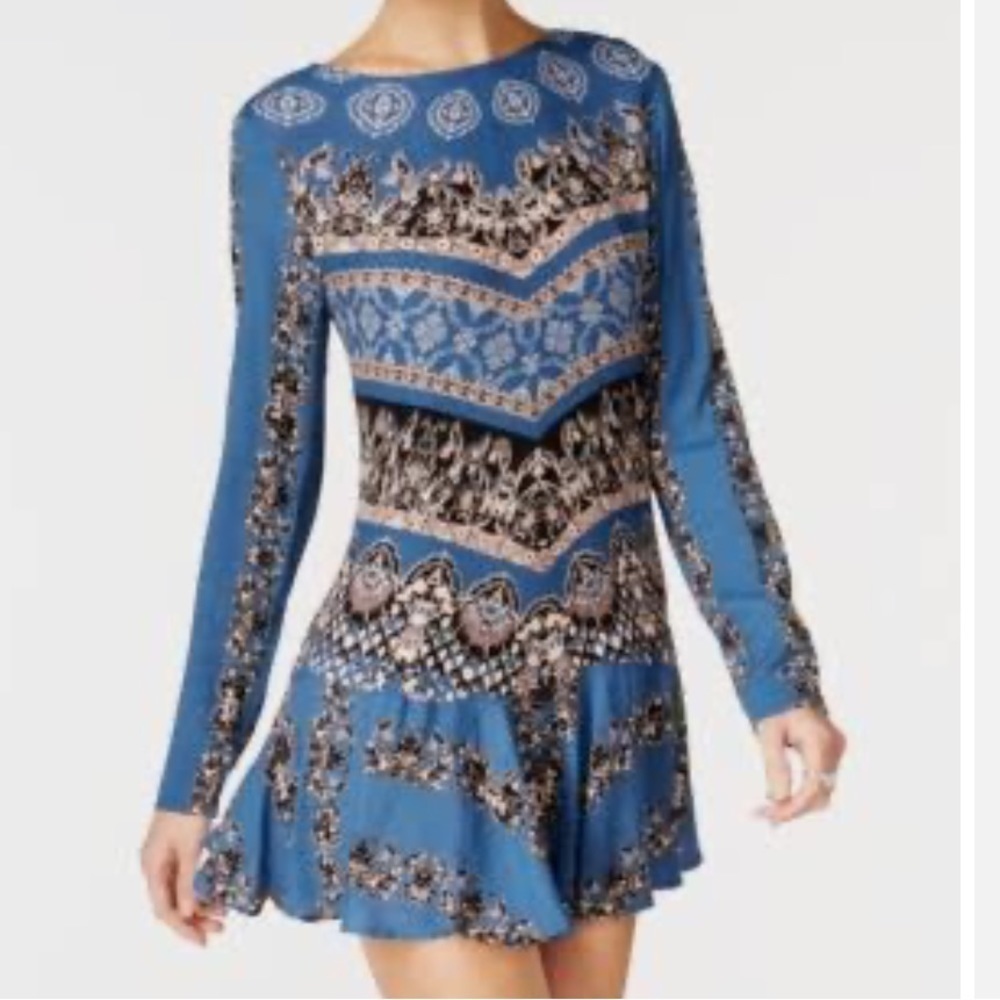 Free Peopleβ Smooth Talker Tunic Dress long top blue print low back Boho Sz S
